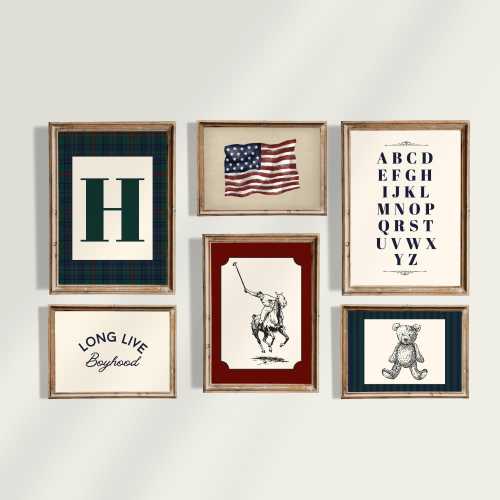 Americana Nursery Gallery Wall Art: Vintage Polo Player, Classic Teddy Bear, American Flag, Alphabet, Custom Monogram (Digital Download)