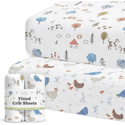 Crib Sheets Neutral - Fitted Baby Crib Sheets Bed for Girl Boy - 2 Pack Standard & Toddler Mattress (Farm Animals) - Buttery Soft Organic Cotton Blend