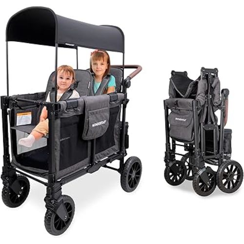 WONDERFOLD W2 Luxe Pro Stroller Wagon (2 Seater) - Collapsible Wagon Stroller with Seats Featuring 5-Point Safety Harnesses and Adjustable Sun Canopy, Charcoal Gray