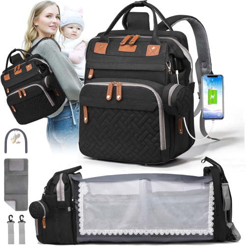 Morfone Diaper Bag Backpack with Changing Station, Waterproof Large Capacity Baby Bag with USB Charging Port & Pacifier Case - Unisex, Black