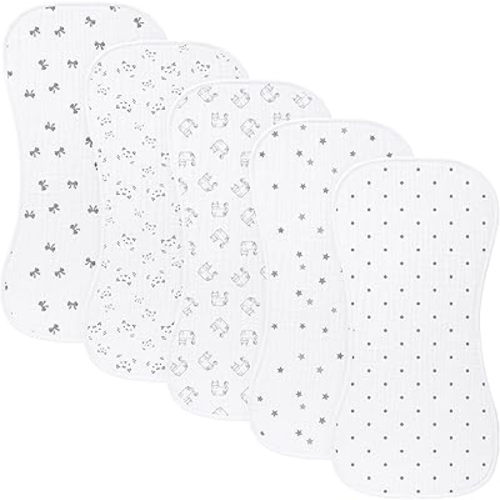 sleepyturtle 5 Pack Baby Burp Cloths, Unisex Newborn Burping Cloths, Soft and Absorbent Muslin Cotton, Large Size for Newborn, (Grey-hd)