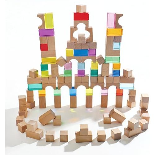 Dinhon 100Pcs Wooden & Transparent Acrylic Building Blocks Set, Beech Wood Stacking Blocks with Storage Bag, Sensory Light Construction Toy, Montessori Educational Gift for Toddler Kids 2-6 Years Old