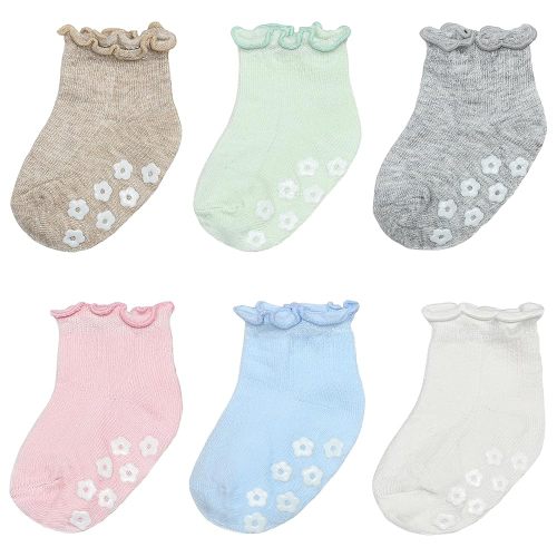 Organic Cotton Baby Socks 6 Pairs (6–12 Months) – Non-Slip Grip Socks for Infants & Toddlers, Soft Breathable Anti-Skid Socks with Cute Ruffle Design for Baby Girls & Boys