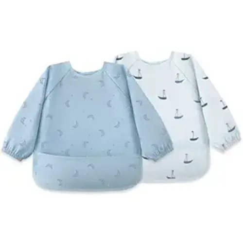 Susurration Baby Long Sleeve Bib 2 Pack Waterproof Sleeved Bib Smock for Baby, Baby Reusable Feeding bibs, 6-36 Months Baby Feeding Essentials - Blue Boat