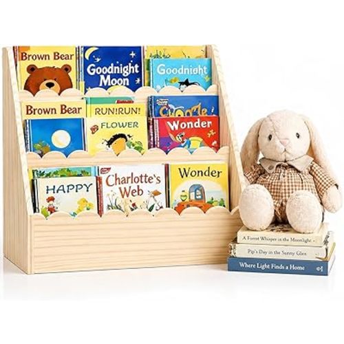 Scalloped Kids Book Shelf, Montessori 3-Tier Wooden Toddler Bookshelf for Ages 1–5, Nursery & Kids Room Bookshelf, Safe & Sturdy Playroom Book Shelf, Natural Wood