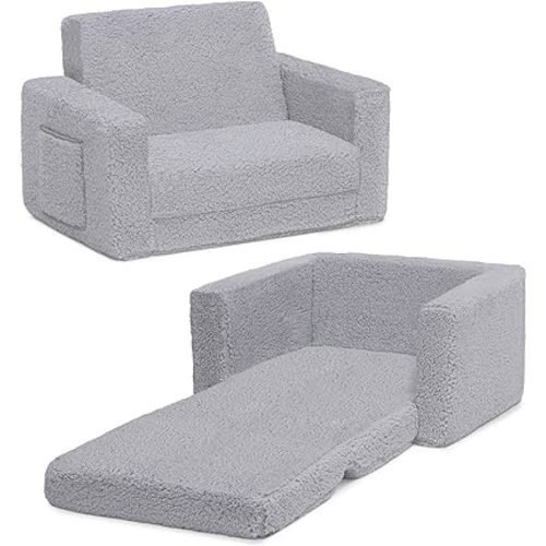 Delta Children Cozee Flip-Out Sherpa 2-in-1 Convertible Chair to Lounger for Kids, Grey