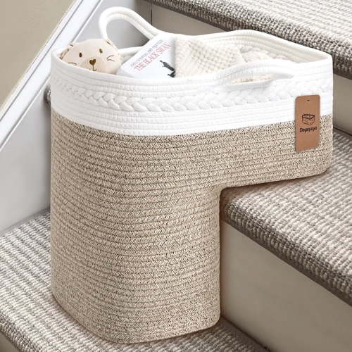 Natubeau Woven Storage Baskets, Brown Large Storage Basket with Handles for Wooden Stairs, Staircase Baskets for Organizing, 15"L x 10"W x 15"H