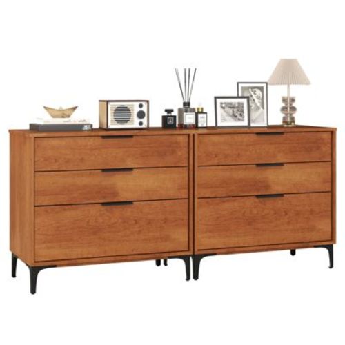 Costway 2PCS 3-Drawer Dresser w/ Metal Support Legs & Anti-tipping Kit for Bedroom Cherry