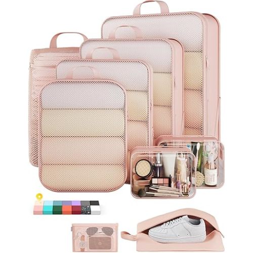 Veken 9/11 Set Compression Packing Cubes for Travel Essentials,Compressible Expandable Large Luggage Suitcase Organizer Bags for Clothing,Durable Space Saver Storage Bags with Toiletry Bags(Beige)