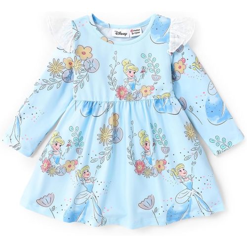 Disney Princess Frozen Elsa Minnie Mickey Stitch Ruffle Sleeve Dress A Line Long Sleeve Kids Clothes Baby to Toddler