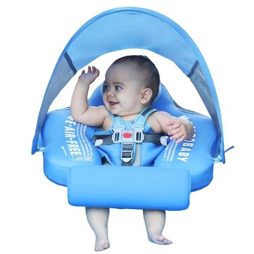 Mambobaby Float with Canopy UPF 50+ Sun Protection Add Tail Non-Inflatable Solid Baby Pool Swim Float Mambo Smart Swim Trainer Infant Float Swim Ring for Baby Aged 3-24 Months