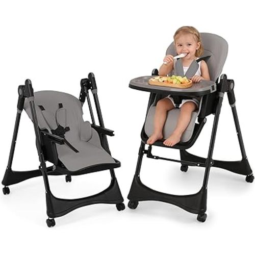 3-in-1 Baby High Chair with Soothing Rocker | Convertible Baby High Chair for Babies and Toddlers | Brake Wheels, Easy Clean, Space Saving | Adjustable, Removable Tray (Dark Grey)
