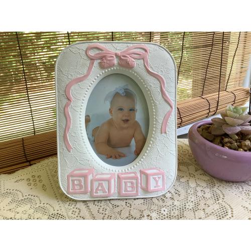 Russ Baby Frame, white ceramic pink trim, for 4x5 picture