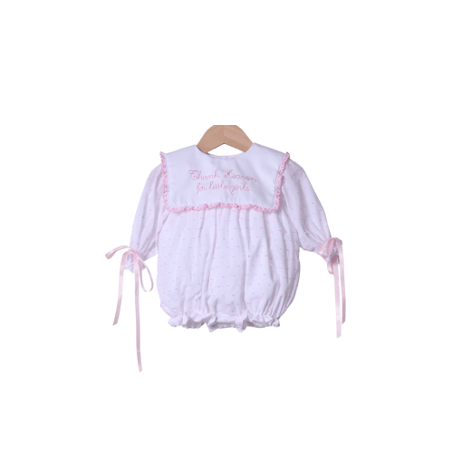 Embroidered Thank Heaven for Little Girls LONG SLEEVE Pink Swiss Dot Bubble