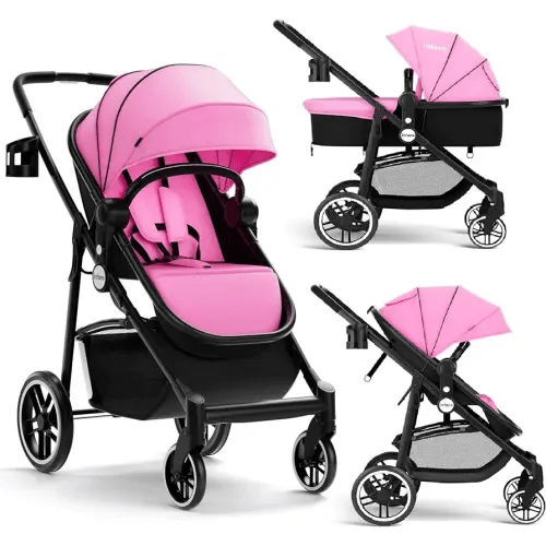 INFANS 2 in 1 Baby Stroller, High Landscape Infant Stroller & Reversible Bassinet Pram, Foldable Pushchair with Adjustable Canopy, Storage Basket, Cup Holder, Suspension Wheels (Pink)