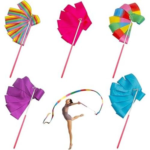 5pcs Streamers Sticks Ribbon Streamers Gym Ribbons Dance Rainbow Ribbon Rhythm Ribbon Rhythmic Gymnastics Rribbons Twirling Wands for Kids Dancing Wedding Birthday Party Favors, Assort Color