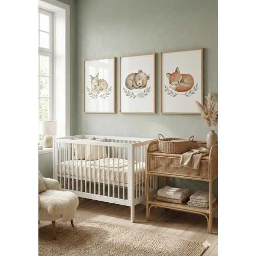 Woodland Nursery Decor Set of 3, Sage Green Baby Room Art, Watercolor Sleeping Animals, Neutral Baby Shower Gift, Boho Fox Bear Deer Print