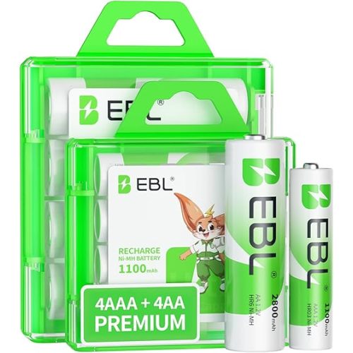 EBL AA Rechargeable Batteries 2800mAh 4 Pack and AAA Rechargeable Batteries 1100mAh 4 Pack, 1.2V Ni-Mh AA AAA Batteries Combo