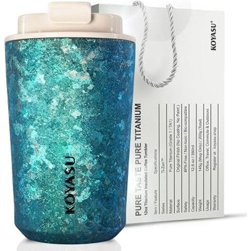 KOYASU Ti-Zen Titanium Travel Coffee Mug - 12oz Ultralight Insulated Tumbler - Leakproof Commuter Cup for Men & Office Desk Accessory - Minimalist Portable Tea Flask for Travel & Car- Indigo Blue