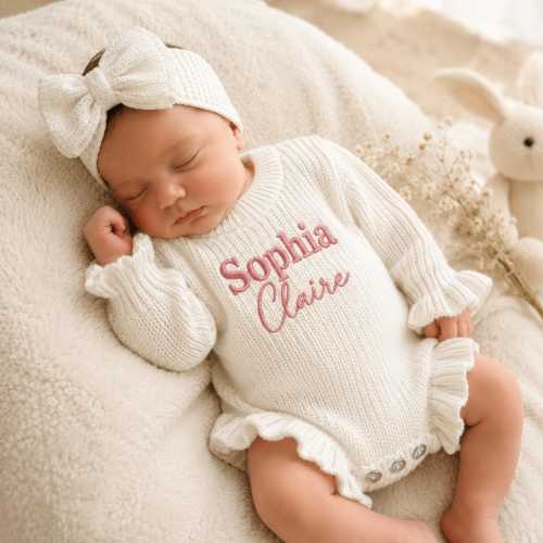 Personalized Baby Girl Knit Romper Set with Bow Headband, Custom Name Newborn Coming Home Outfit, Embroidered Baby Shower Gift