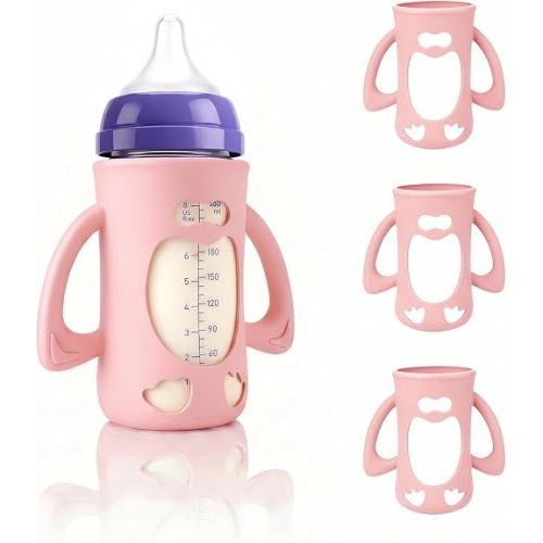 3-Pack Silicone Sleeves for New Lansinoh Glass Bottles, BPA-Free Drop-Resistant Baby Bottle Sleeves with Handles, Compatible with Lansinoh Anti-Colic Glass Baby Bottles (8 oz)