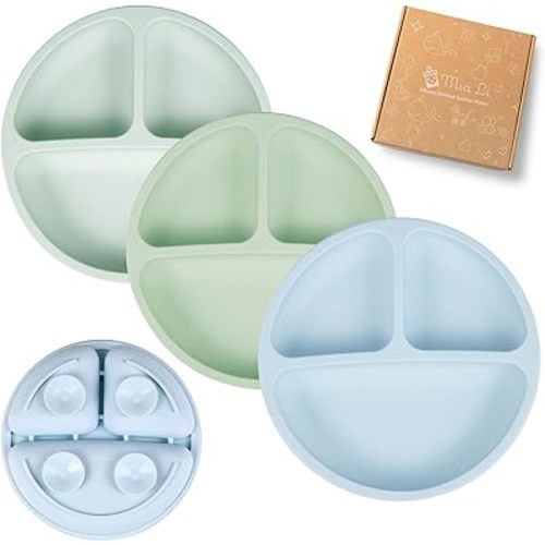 Mia Li Suction Plates for Baby – Set of 3 Toddler Plates with Suction – Cute and Colorful Silicone Plates for Weaning – Ideal for Baby Feeding, Food Storage (Cloud, Sage & Stone)