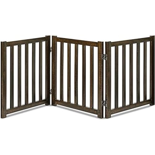LZRS 3-Panel Wooden Free Standing Foldable Dog Gate Indoor – 24" High,Step-Over Safety Pet Gate for Doorways, Stairs, Hallways, Indoor Dog Barrier for Small to Medium Dogs & Puppies, Walnut