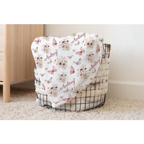 Personalized Wildflower Blanket, Custom Butterfly Name Blanket,  Nature Aesthetic Blanket, Baby Girl Shower gift,  Toddler girl gift  363