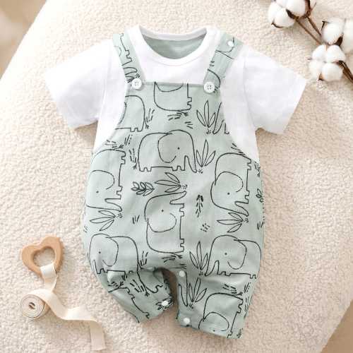 Size 3-6 Months Elephant Print Baby Romper, Newborn Baby Shower Gift, Cute Cartoon Jumpsuit, Unisex Summer Cotton Bodysuit, Infant Overalls Outfit