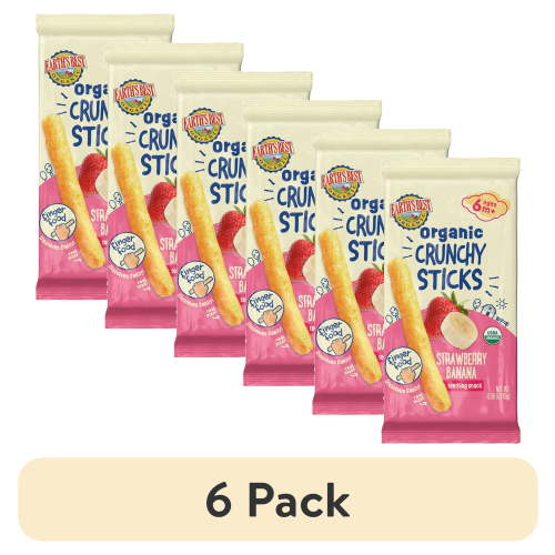 (6 pack) Earth's Best Organic Teething Crunchy Sticks Strawberry Banana Puffed Baby Snack, 0.56 oz Bag