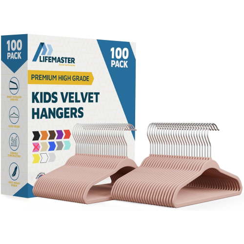 Lifemaster Velvet Kids Hangers, 100-Pack Non-Slip Baby & Toddler Clothes Hangers, Slim Space-Saving with Swivel Hook, Pink