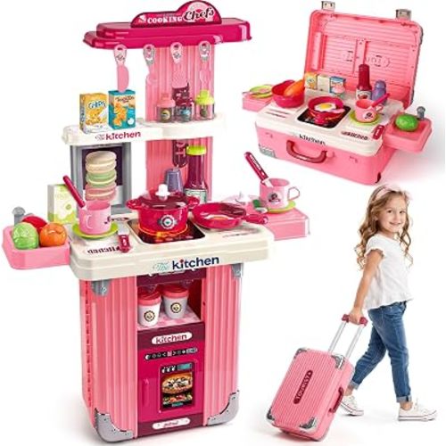 Golray Pretend Play Kitchen Set for Kids, 3-in-1 Portable Suitcase Kitchen Toy with Cooking Sounds & Lights, Interactive Travel Kitchen Role Play Learning Toy Storage Case for Girl Boy Toddler Age 3+