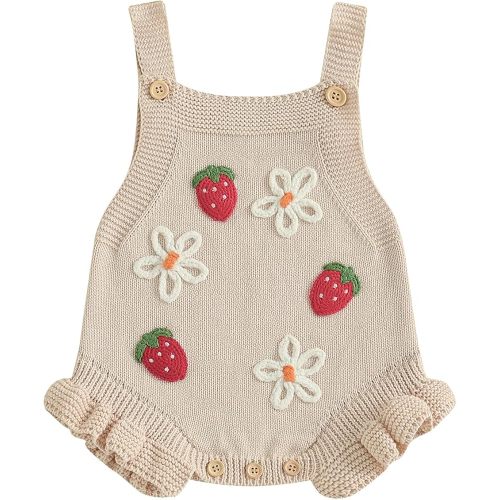 FYBITBO Baby Sweater Knit Romper Newborn Girl Strawberry Sweaters Onesie Overalls Fall Winter Clothes Knitted Outfit (Beige, 3-6 Months)