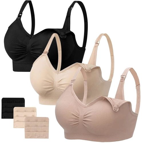 Angelhood Womens Seamless Sleep Nursing Bra,Breastfeeding Maternity Bra with Remove Bra Pads Extenders Pack of 3