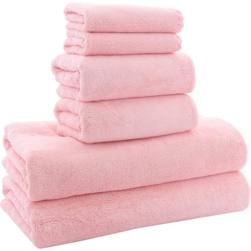 MOONQUEEN Ultra Soft Towel Set - Quick Drying - 2 Bath Towels 2 Hand Towels 2 Washcloths - Microfiber Coral Velvet Highly Absorbent Towel for Fitness, Bathroom, Sports, Yoga, Travel (Pink, 6 Pcs)