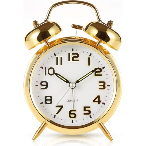 Super Loud Alarm Clock for Heavy Sleepers,4 inches Twin Bell Alarm Clock with Backlight,Battery Operated,Silent Non Ticking,for Kids,Adults,Bedrooms,Retro Decor Desk Analog Clocks. (Golden)