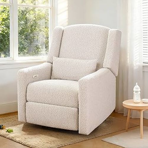 Power Recliner Chair Swivel Gilder Rocking Chairs Skin-Friendly Power Recliner Nursery Chair for Adults with Waist Pillow, USB Charging (Beige, Only Recliner Chair)