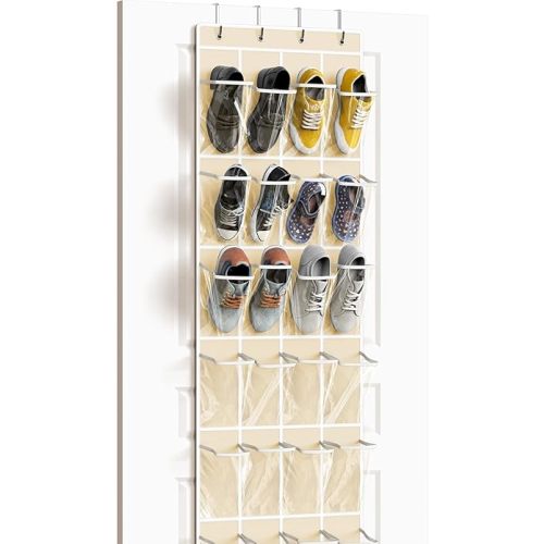 Simple Houseware 24 Pockets - Crystal Clear Over The Door Hanging Shoe Organizer, Beige (64'' x 19'')