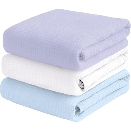 Muslin Swaddle Blankets for Baby Boys 3 Pack Lavender White Blue