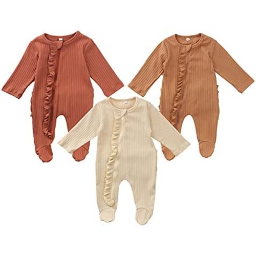 One opening Newborn Baby Boy Girl Zipper Footies Pajamas Pjs Ribbed Solid Long Sleeve Romper Jumpsuits Footed Sleep and Play