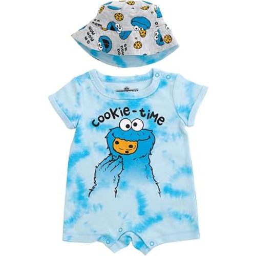 Sesame Street Elmo Cookie Monster Big Bird Romper and Bucket Sun Hat Newborn to Toddler