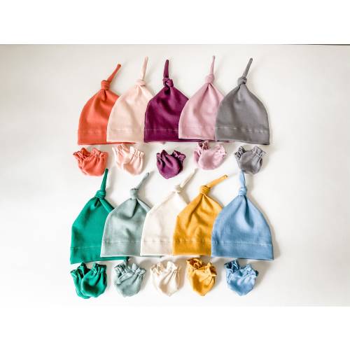 Organic Newborn Hat and Mittens, Organic Baby Hat, Organic Knot Hat, Baby Mittens, Baby Scratch Mittens, Coming Home Outfit, Organic Cotton