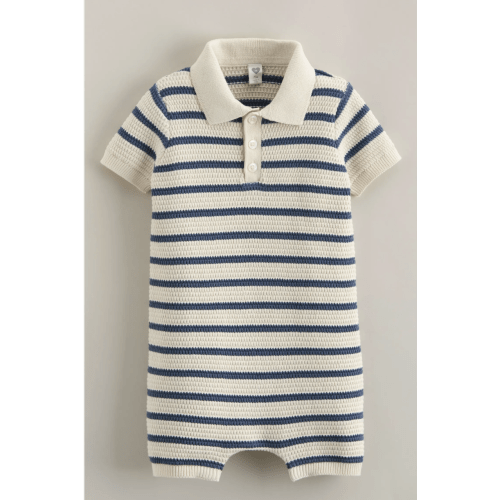 Nordstrom Cotton Polo Sweater Romper - Ivory Blue 3M or 6M