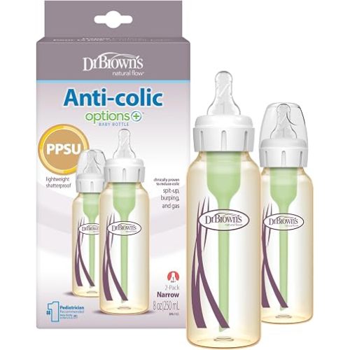 Dr. Brown's Anti-Colic Options+ Narrow PPSU Baby Bottle with Level 1 Slow Flow Nipples, Durable and Lightweight, BPA Free, 8 oz/250 ml, 2-Pack