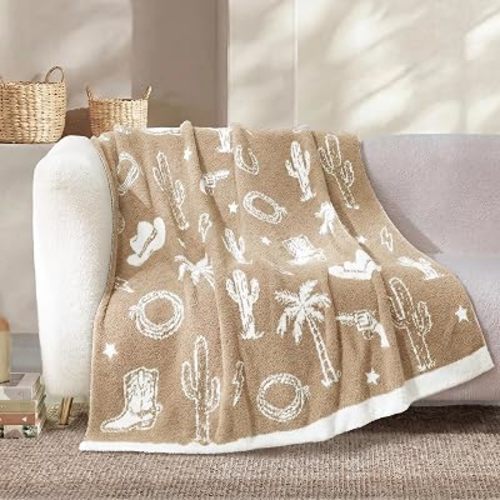 Snuggle Sac Western Throw Blanket for Couch Bed Sofa 50x60 inches, Reversible Beige Cowgirl Blanket Ultra Soft Cozy Blankets for Women Mothers Birthday Gifts