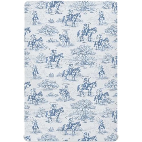 Western Cowboy Blue Baby Crib Sheet Soft and Breathable Crib Mattress Protector for Standard Playard Bed Sheet for Newborn Boys Girls