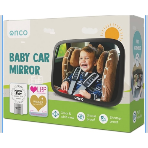 Onco Baby Car Mirror Rear Facing - Double Award-Winning Convex Car Mirror for Baby, 100% Shatterproof & Shakeproof with 360° Rotation, Newborn Essentials (9.6 x 6.9 in)