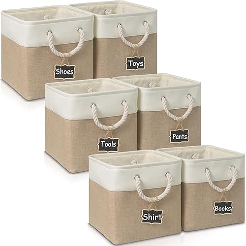 12x12 storage cube bins[6 Pack],Fabric Storage Cubes with Rope Handles, Eco-Friendly Linen Collapsible Organizers for Closet, Nursery, Toys, Office, Bathroom – Dual Color Design.(White&Khaki)