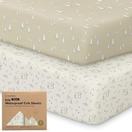 2-Pack Waterproof Baby Crib Sheets for Boys, Girls - 52x28 Standard Crib Mattress Protector, Cute & Snug Fitted Baby Mattress Cover, Neutral, Soft Viscose from Bamboo Toddler Bed Sheets (Pine Grove)