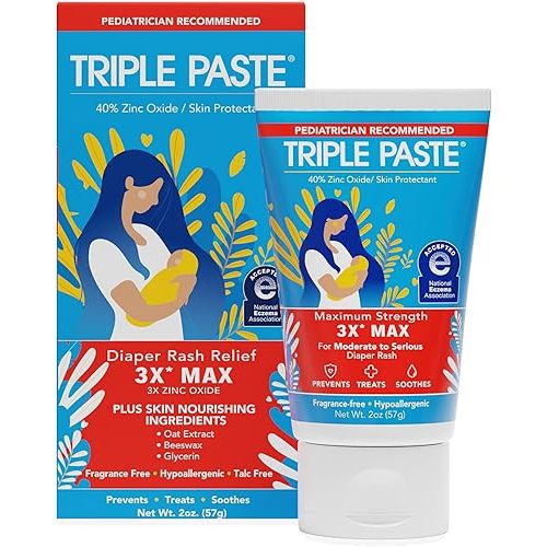 Triple Paste 3X Max Diaper Rash Ointment for Baby, Maximum Strength with 40% Zinc Oxide Ointment for Serious Diaper Rash, 2 oz Tube